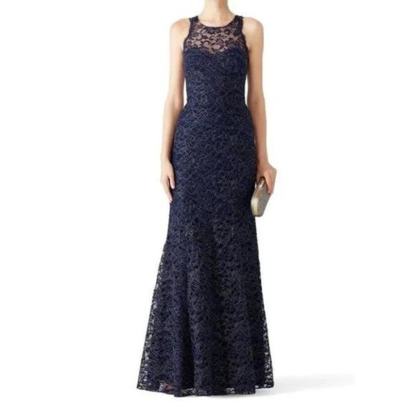 Marchesa Notte Navy Blue & Metallic Gold Lace Beaded Back Trumpet Evening Gown - Picture 2 of 8